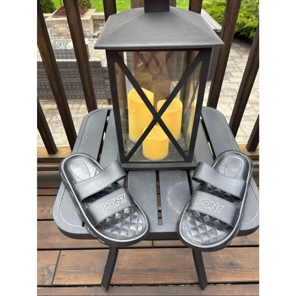 Pony Black Quilted Strap Slide Sandals
